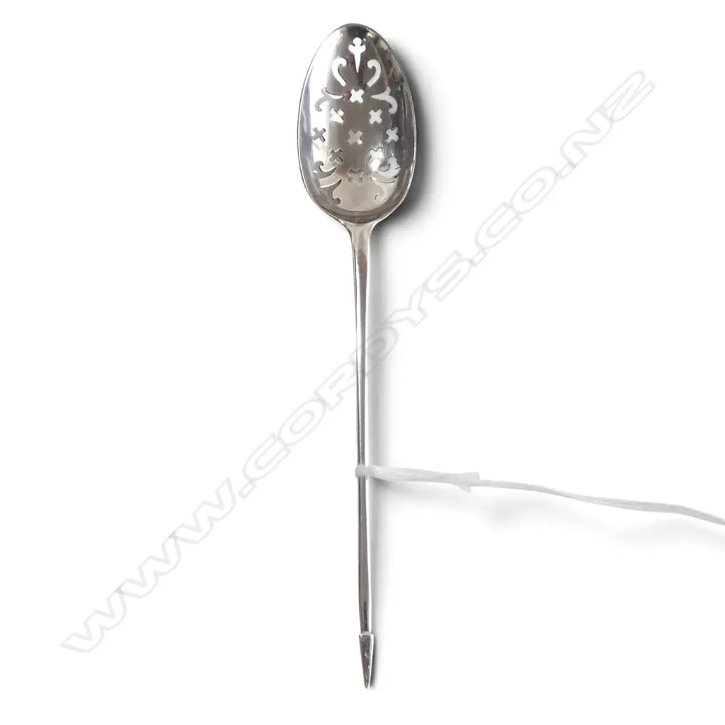 RARE GEORGE II c.1745 STG SILVER MOTE SPOON, SAMUEL ROBY, bowl pierced w. crosslets & scrolls, 8gms Image 1++