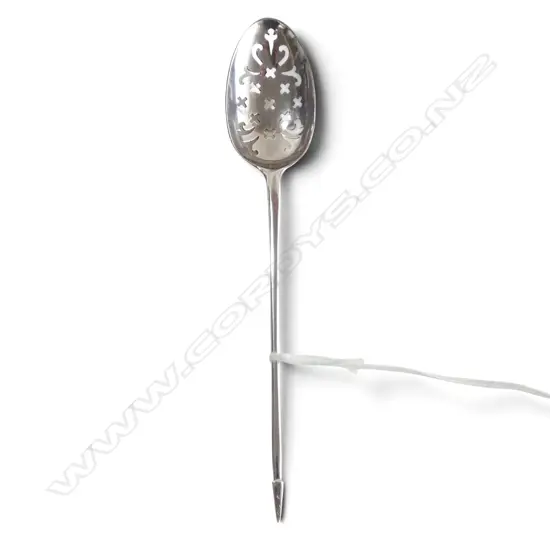 RARE GEORGE II c.1745 STG SILVER MOTE SPOON, SAMUEL ROBY, bowl pierced w. crosslets & scrolls, 8gms