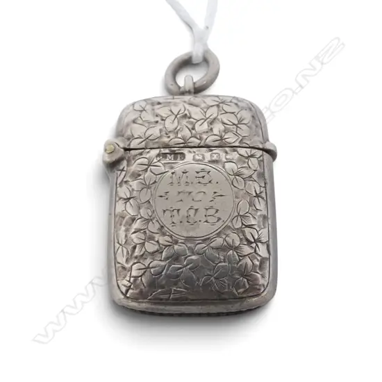 19thC STG SILVER VESTA CASE, BIRMINGHAM 1895, w. engraved 3 leaf pattern 11.9gms