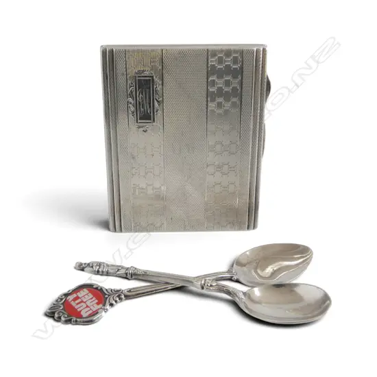 STG SILVER CARD CASE, B'HAM 1932 85x70mm 105gms + 2 SPOONS (1 STG 15gms) 