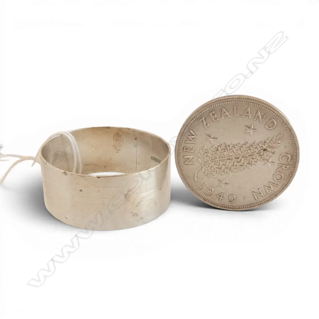 NZ 1949 CROWN (.5 SILVER) + STG SILVER NAPKIN RING 19.8gms Image 1++