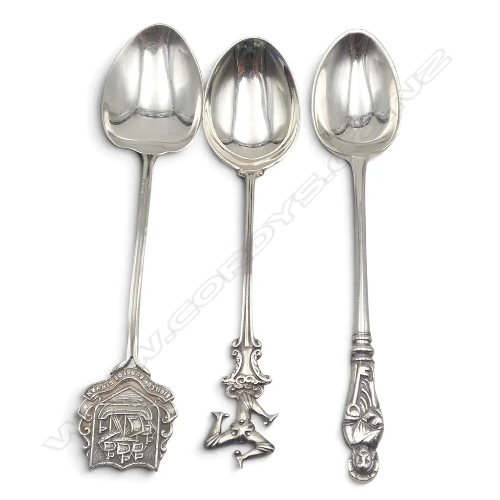  3 S/SILVER SPOONS 1904 APOSTLE 1913 SCOTLAND 1938 ISLAND OF MAN 36.4GMS Image 1++