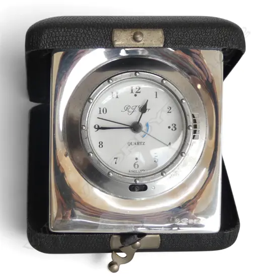CASED STG SILVER QUARTZ TRAVEL CLOCK, SHEFFIELD, W.110mm