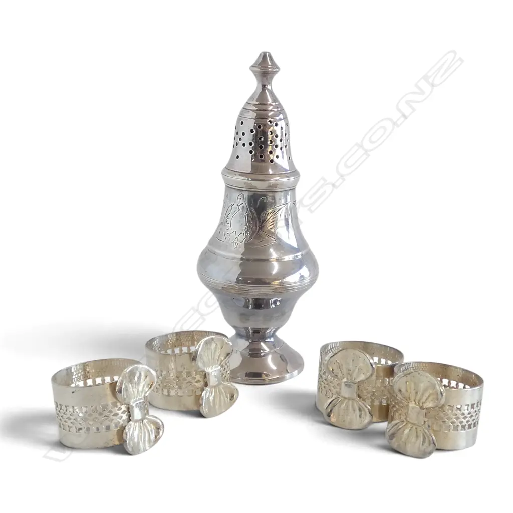 4 SILVER PLATE 'BOW' NAPKIN RINGS + CASTER H.150mm Image 1++