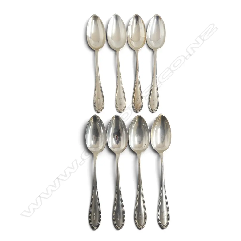 8 X c.1900 GERMAN 800 (80%) SILVER TABLE SPOONS bead pattern. 528gms Image 1++