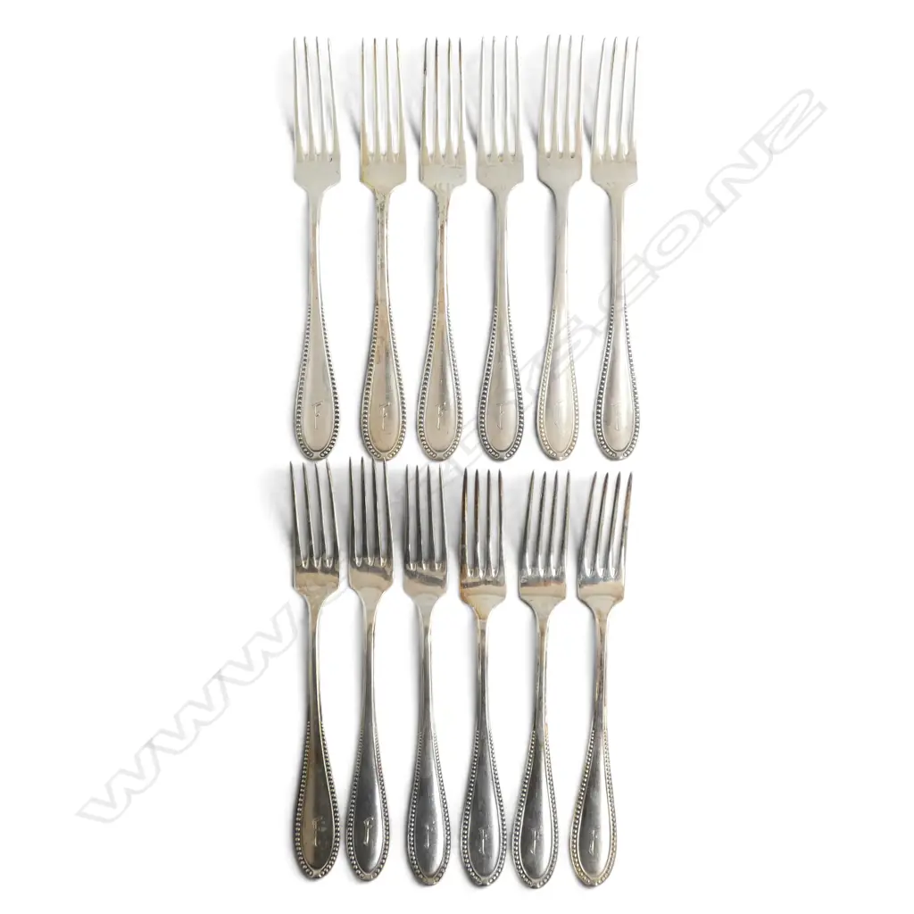 SET 12 X c.1900 GERMAN 800 (80%) SILVER TABLE FORKS bead pattern. 770gms Image 1++