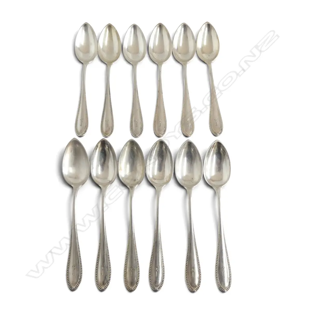 SET 12 X c.1900 GERMAN 800 (80%) SILVER TEASPOONS bead pattern. 312gms Image 1++