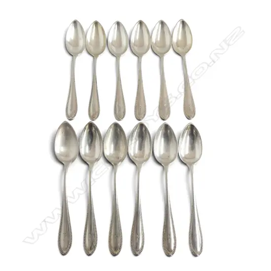 SET 12 X c.1900 GERMAN 800 (80%) SILVER TEASPOONS bead pattern. 312gms