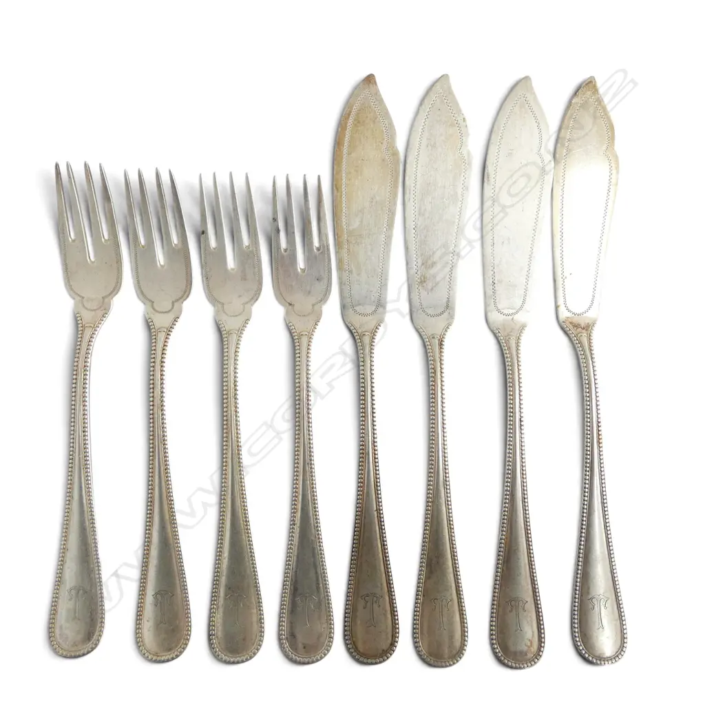 SET 4 X c.1900 GERMAN 800 (80%) SILVER FISH KNIVES & FORKS 394gms Image 1++