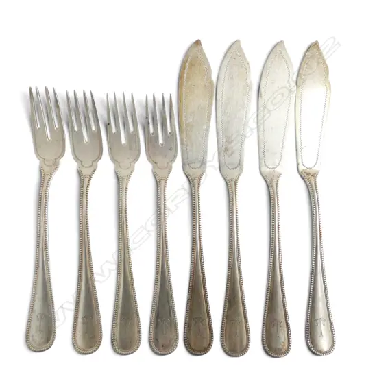 SET 4 X c.1900 GERMAN 800 (80%) SILVER FISH KNIVES & FORKS 394gms