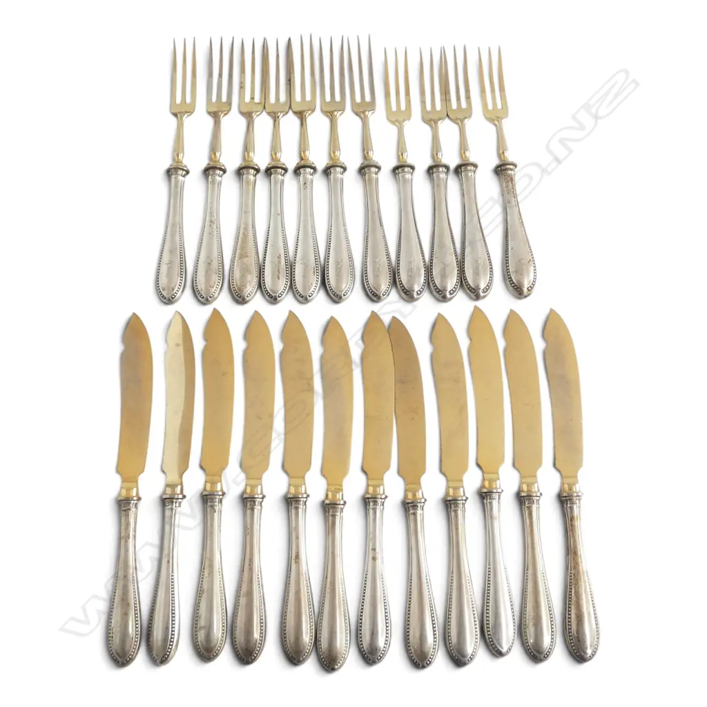 SET 12 FRUIT KNIVES & 11 FORKS c.1900 with GERMAN 800 (80%) SILVER HANDLES & gilded steel blades Image 1++