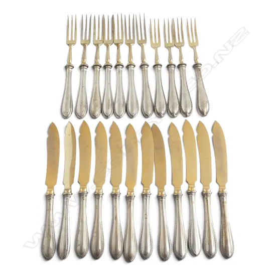 SET 12 FRUIT KNIVES & 11 FORKS c.1900 with GERMAN 800 (80%) SILVER HANDLES & gilded steel blades