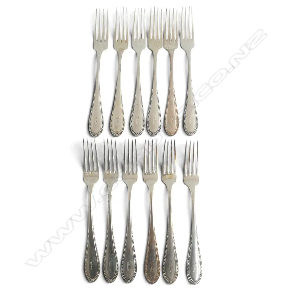 SET 12 X c.1900 GERMAN 800 (80%) SILVER DESSERT FORKS bead pattern. 494gms Image 1++