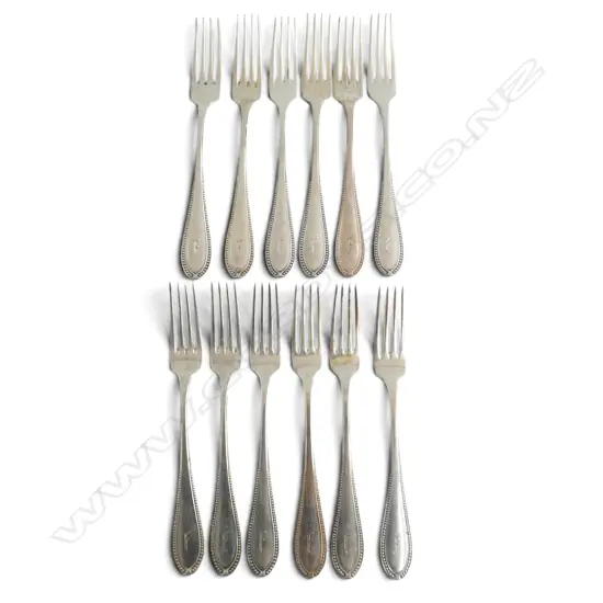 SET 12 X c.1900 GERMAN 800 (80%) SILVER DESSERT FORKS bead pattern. 494gms