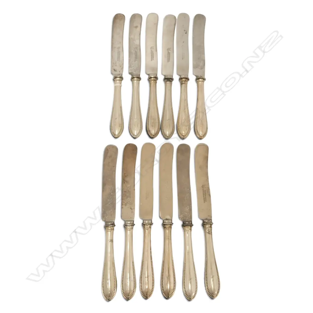 SET 12 bead pattern TABLE KNIVES c.1900 with GERMAN 800 (80%) SILVER HANDLES & steel blades. L.255mm. Image 1++