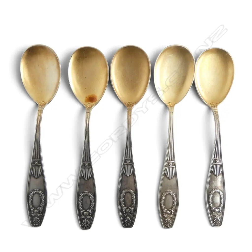 SET 5 GERMAN 800 SILVER early 20thC DESSERT or PARFAIT SPOONS gilded bowls. 141gms Image 1++