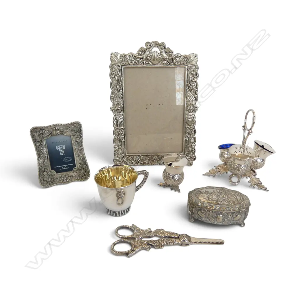 ASST. SILVER PLATED CRUETS, SCISSORS, CUP, 2 WHITE METAL FRAMES + BOX  Image 1++