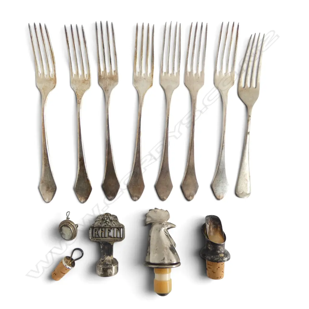 SET 8 GERMAN SILVER PLATE FORKS + 3 VINTAGE SILVER PLATE ? BOTTLE STOPPERS + mother of pearl cameo BROOCH Image 1++