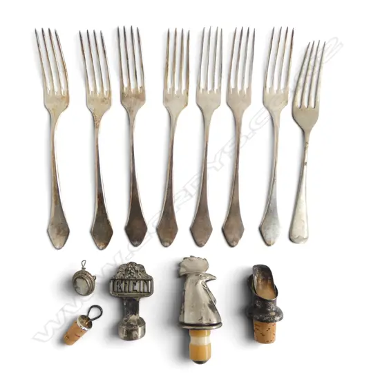 SET 8 GERMAN SILVER PLATE FORKS + 3 VINTAGE SILVER PLATE ? BOTTLE STOPPERS + mother of pearl cameo BROOCH