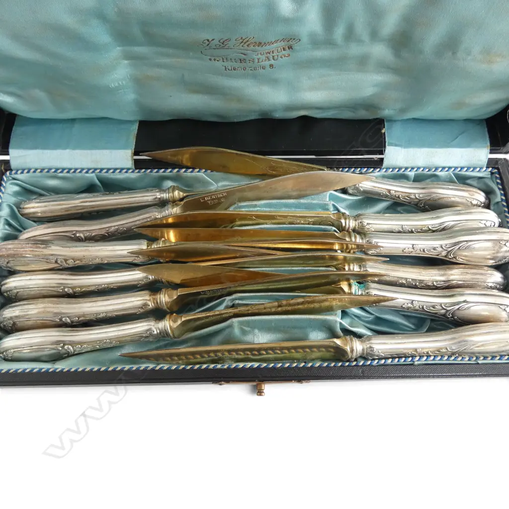 Late 19thC GERMAN L. Bertsch 800 (80%) SILVER 12 KNIFE SET blades are silver. maybe w steel rod inside ? 410gms Image 1++