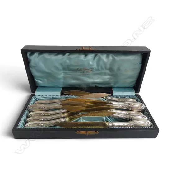Late 19thC GERMAN L. Bertsch 800 (80%) SILVER 12 KNIFE SET blades are silver. maybe w steel rod inside ? 410gms