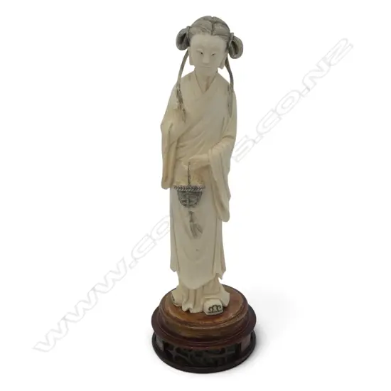 CHINESE CARVED IVORY lady w. flower basket H.230mm