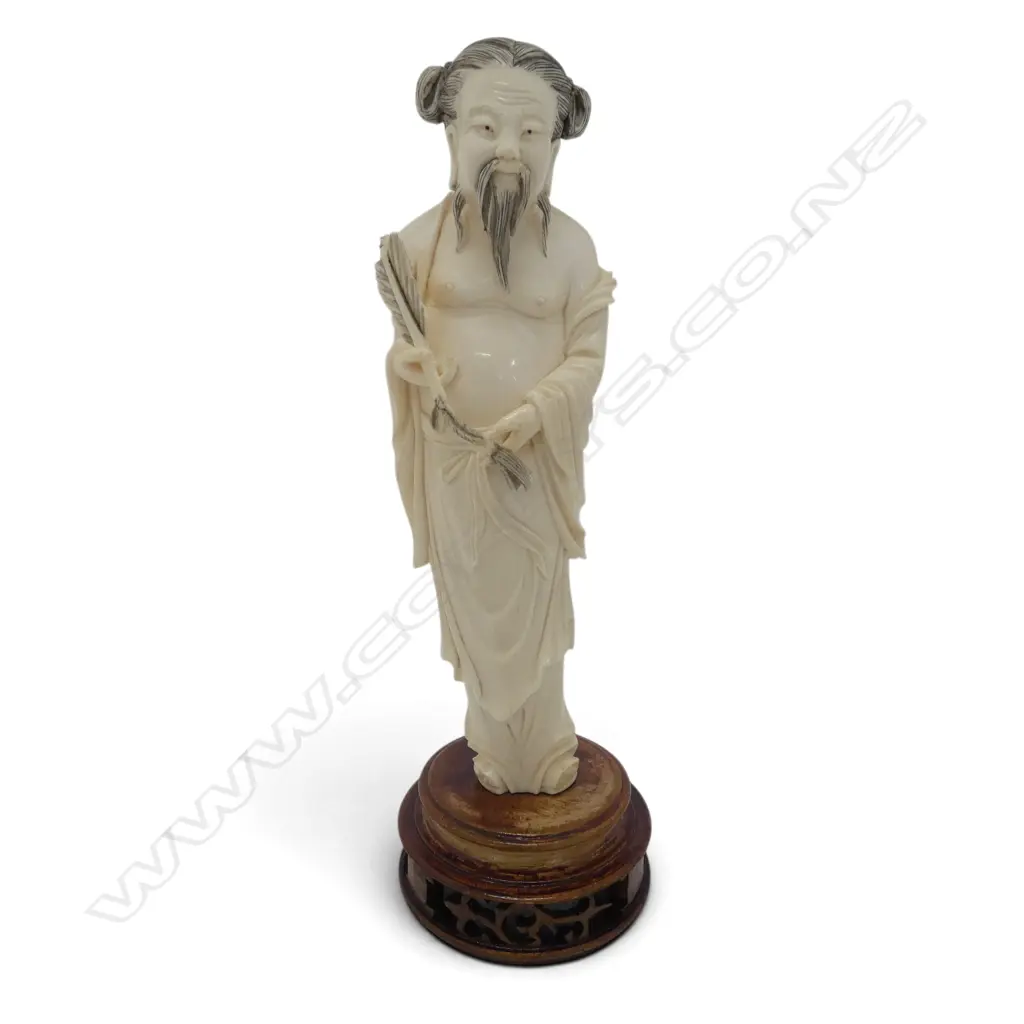 CHINESE CARVED IVORY robed aged figure holding fan H.230mm Image 1++