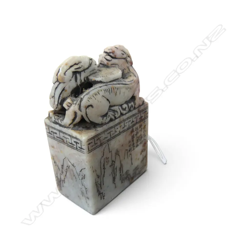 CHINESE VINTAGE HARDSTONE CHOP DRAGONS & POEM H80MM Image 1++