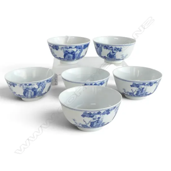 6 CHINESE PORCELAIN QIANLONG MARKED probably later B & W BOWLS with scholars Dia.115mm.