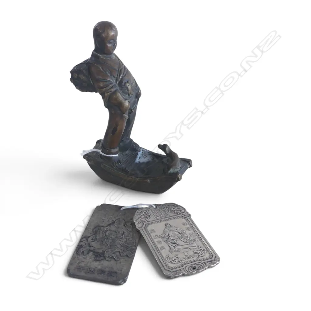 ORIENTAL BRASS FIGURINE + 2 CHINESE PLAQUES H.180mm Image 1++