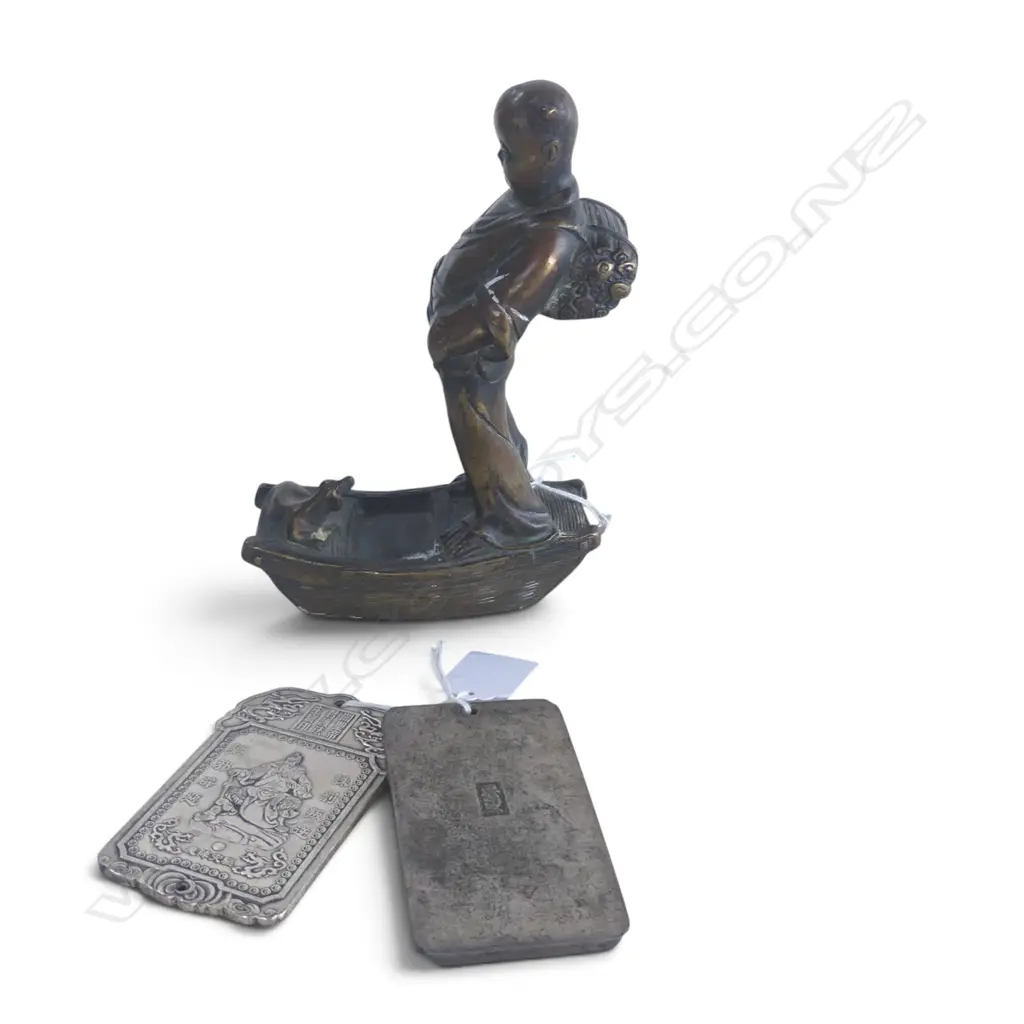 ORIENTAL BRASS FIGURINE + 2 CHINESE PLAQUES H.180mm Image 1++