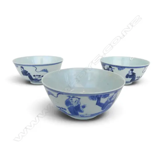 3 ORIENTAL B/W BOWLS 115mm dia 1 w. hairlines