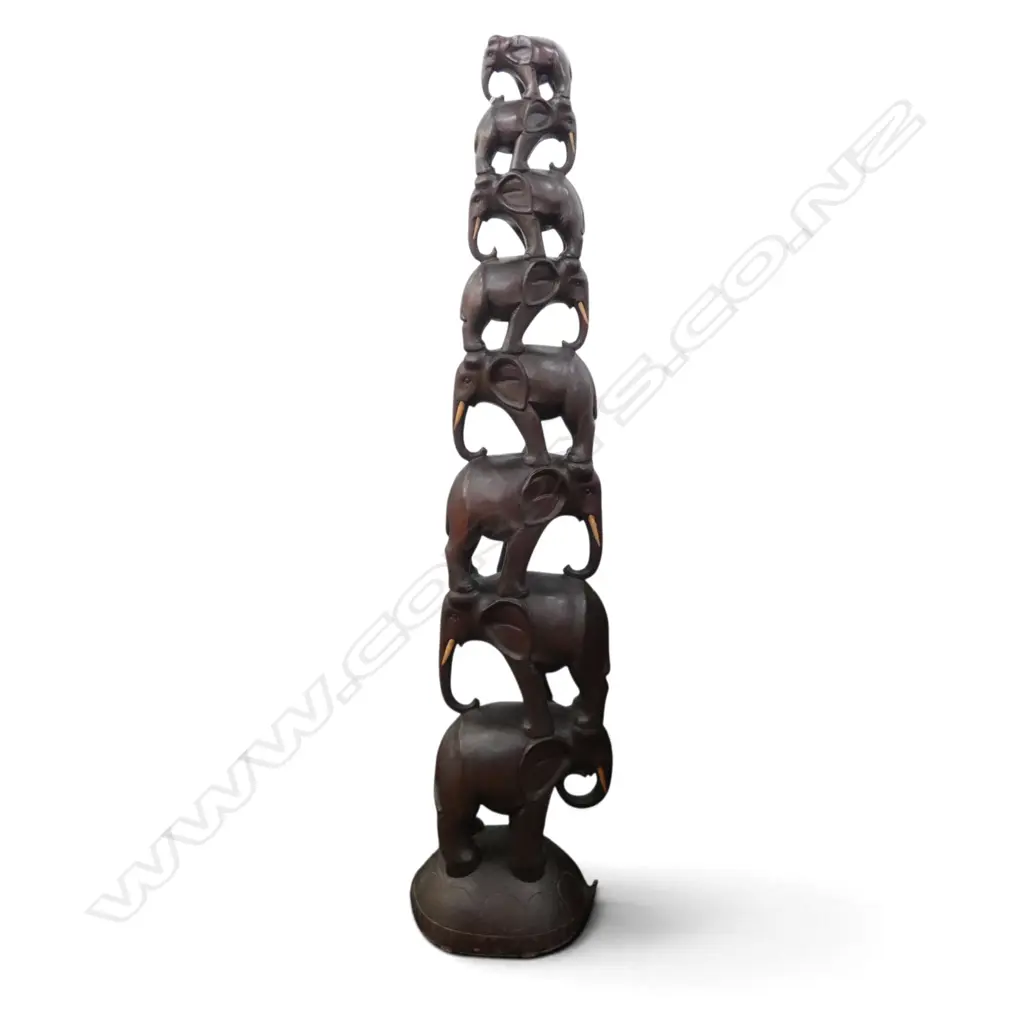 CARVED WOODEN ELEPHANT TREE eight elephants stacked on turtle's back, some tusks missing H.1080mm Image 1++