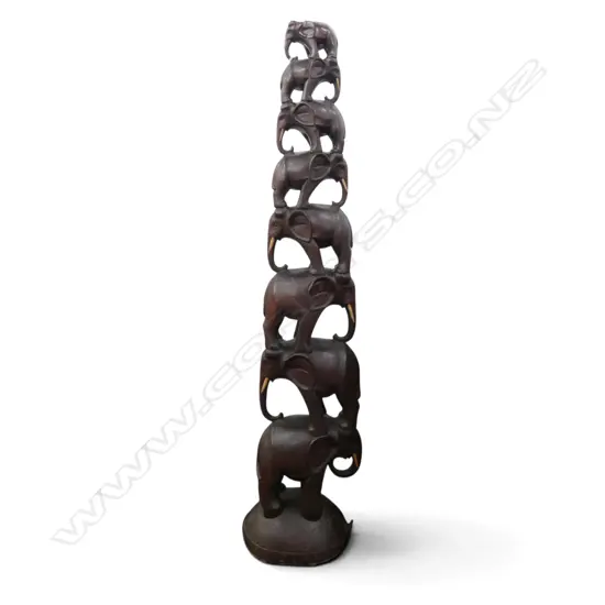 CARVED WOODEN ELEPHANT TREE eight elephants stacked on turtle's back, some tusks missing H.1080mm