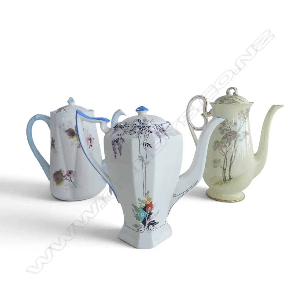 3 SHELLEY CHINA COFFEE POTS MIXED PATS Image 1++