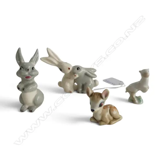 4 VINTAGE WADE WHIMSIES LAUGHING & KISSING BUNNIES, BAMBI, LAMB 
