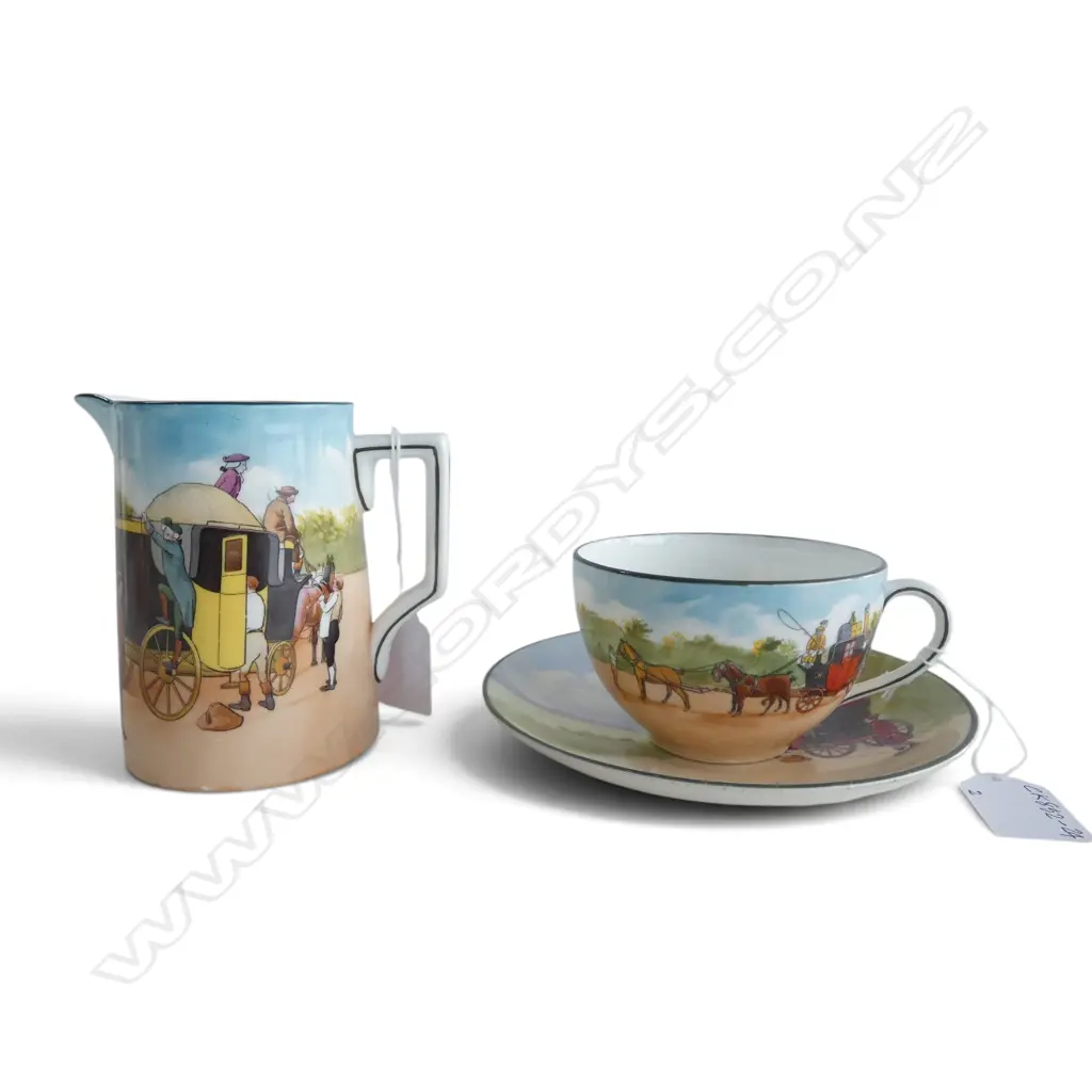 ROYAL DOULTON COACHING DAYS BLUE SKY JUG, H.110mm & CUP/SAUCER, 'Blue Sky' is a rare variation produced 1905-1906 Image 1++