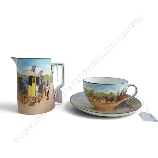 ROYAL DOULTON COACHING DAYS BLUE SKY JUG, H.110mm & CUP/SAUCER, 'Blue Sky' is a rare variation produced 1905-1906