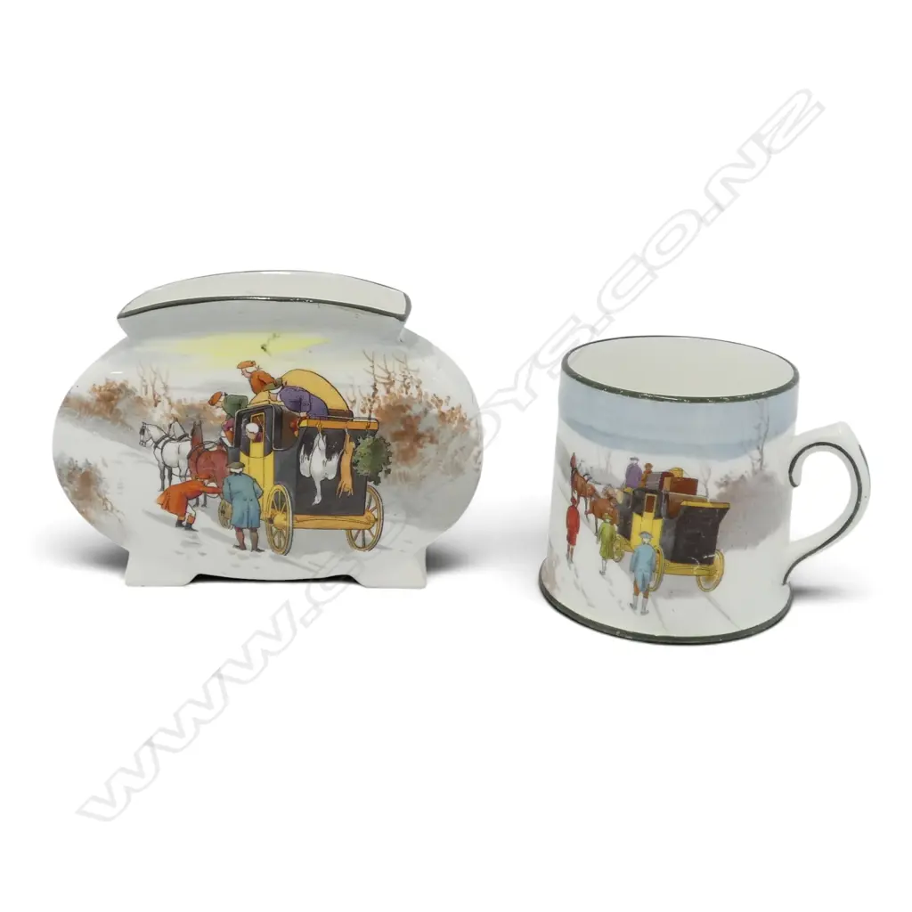 2 PCS ROYAL DOULTON  COACHING WARE RARE WINTER COLOURS, MUG & VASE, H.70,90mm Image 1++