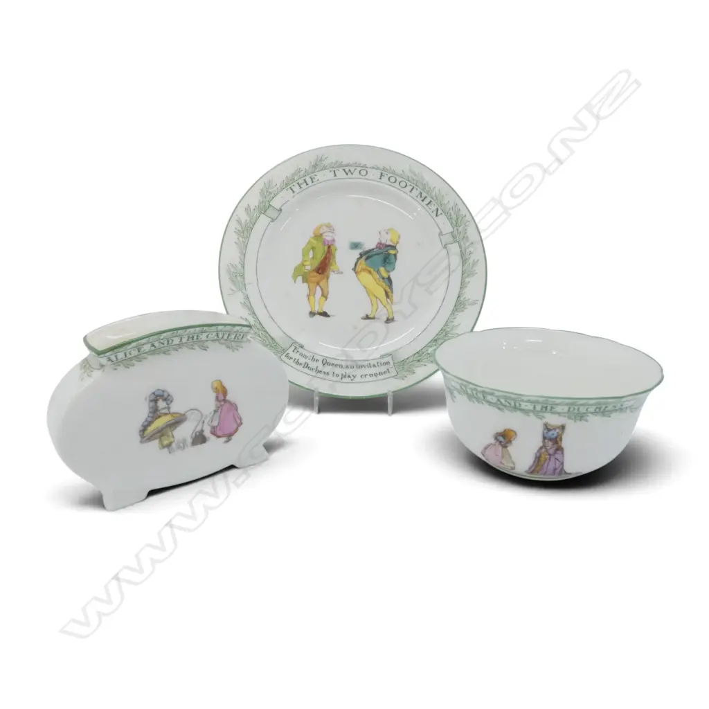 3 PCS ROYAL DOULTON 'ALICE in WONDERLAND' CHINA, PLATE, BOWL & VASE, H.90mm Image 1++
