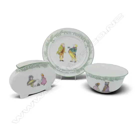 3 PCS ROYAL DOULTON 'ALICE in WONDERLAND' CHINA, PLATE, BOWL & VASE, H.90mm