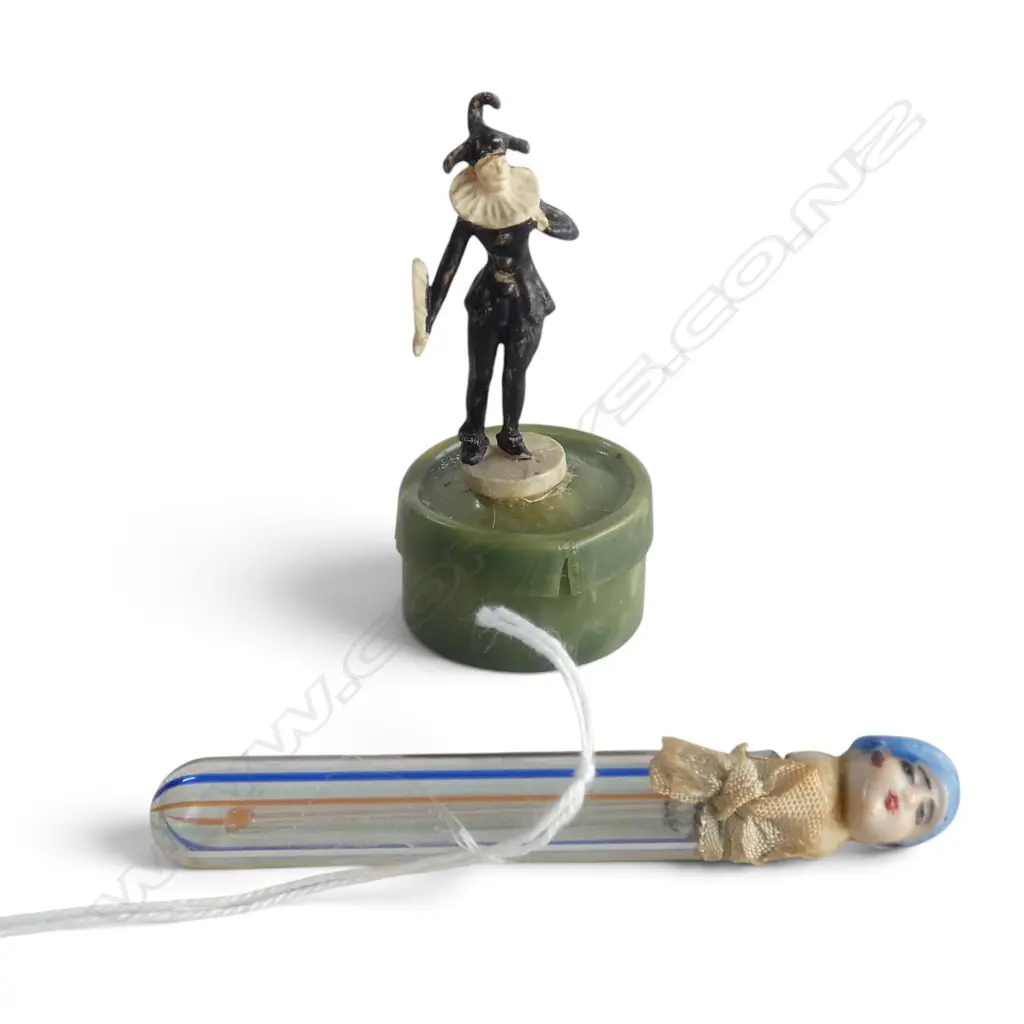 SML EARLY CELLULOID PUFF BOX & HALF DOLL TOPPED GLASS PERFUME BOTTLE Image 1++