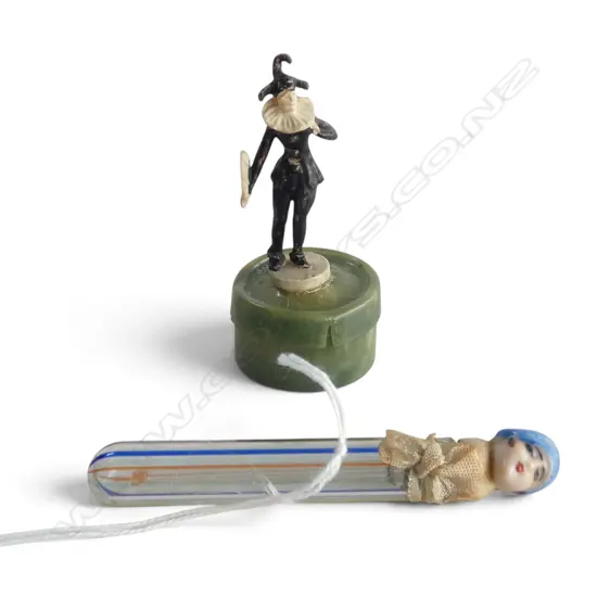 SML EARLY CELLULOID PUFF BOX & HALF DOLL TOPPED GLASS PERFUME BOTTLE