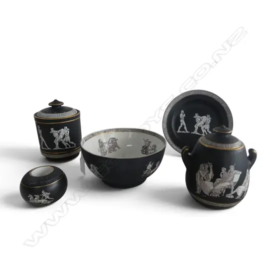 5 PCS ANTIQUE PRATT FENTON OLD GREEK CHINA, lid broken/repaired on lrgest jar, L.140mm