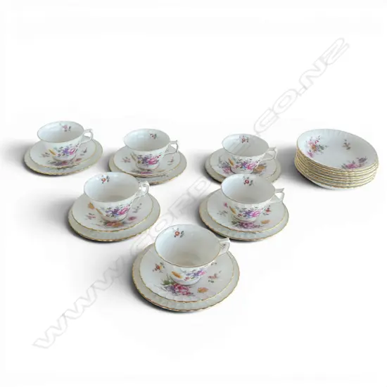 ROYAL CROWN DERBY 'DERBY POSIES'; 6 TRIOS + 8 CEREAL BOWLS