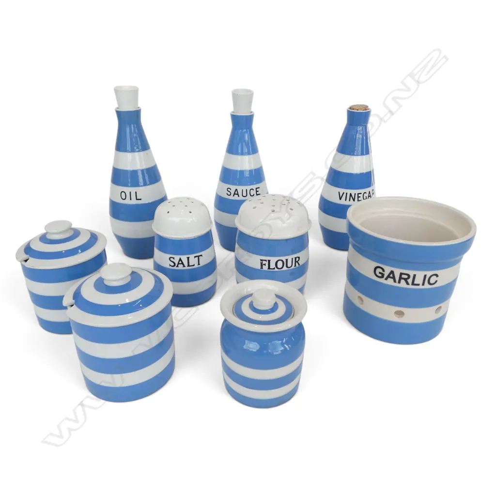 9 PCES OF CORNISHWARE vinegar, oil, sauce, etc H.120mm Image 1++