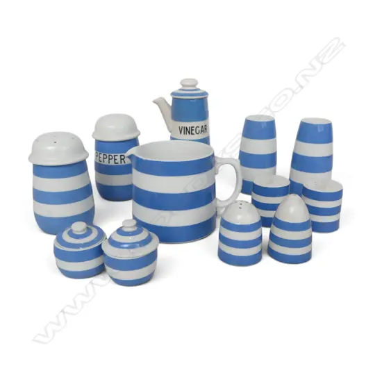 12 T.G. GREEN & Co BLUE & WHITE BANDED CHINA of mostly CORNISHWARE SHAKERS some faults