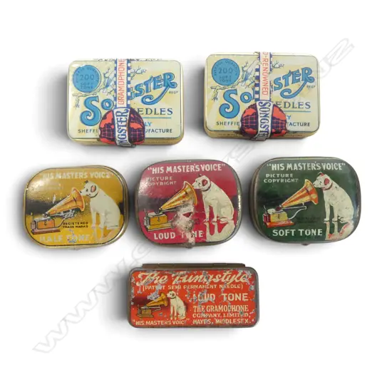 6 GRAMOPHONE NEEDLE TINS & NEEDLES HMV AND SONGSTER, L.40-50MM
