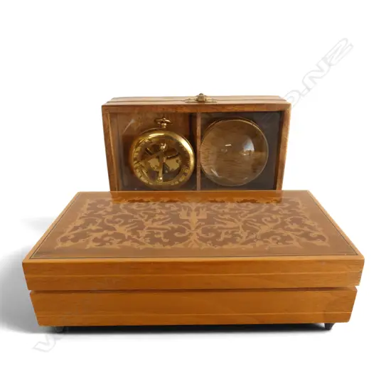ITALIAN INLAID MUSIC BOX + CASED COMPASS & MAGNIFYING GLASS 