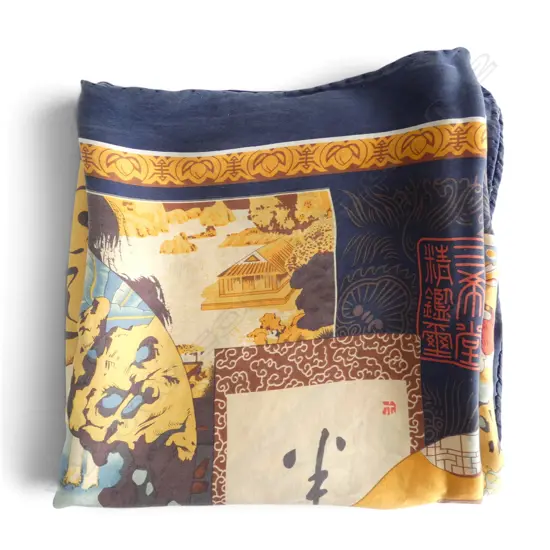 Japanese silk scarf decorated in woodblock print style